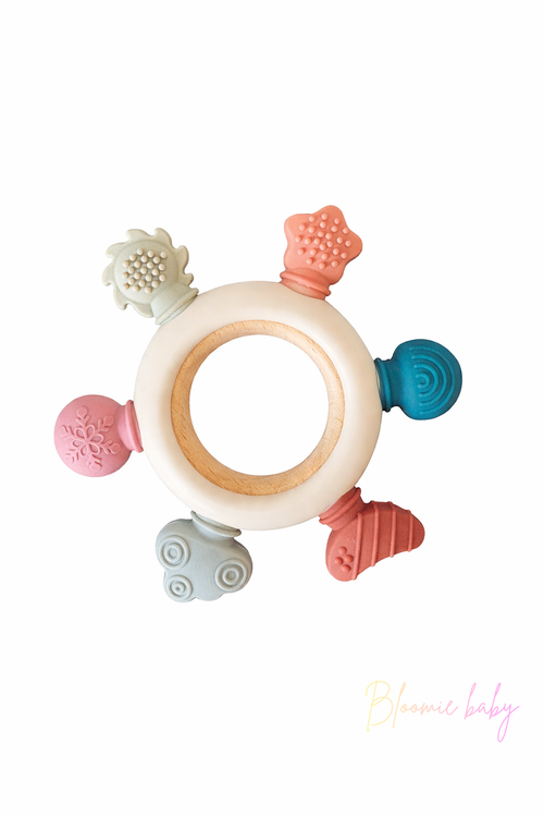 Baby Bijtring Hout & Siliconen- natuurlijke tinten