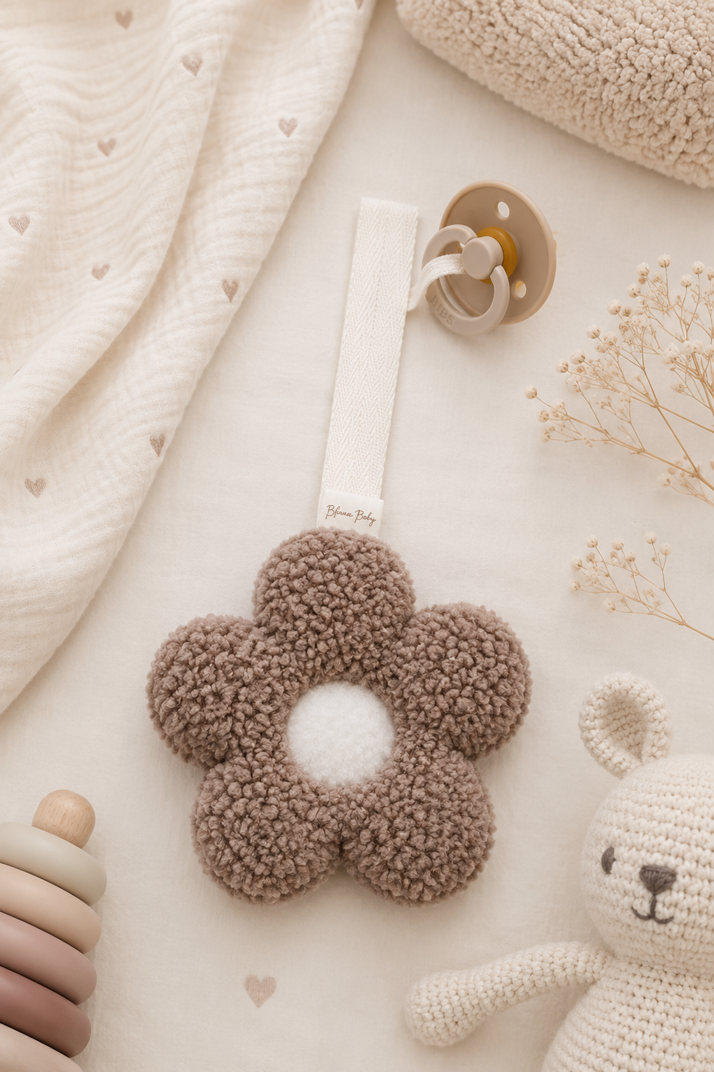 Speenknuffel Bloem – Taupe | Zacht Kraamcadeau