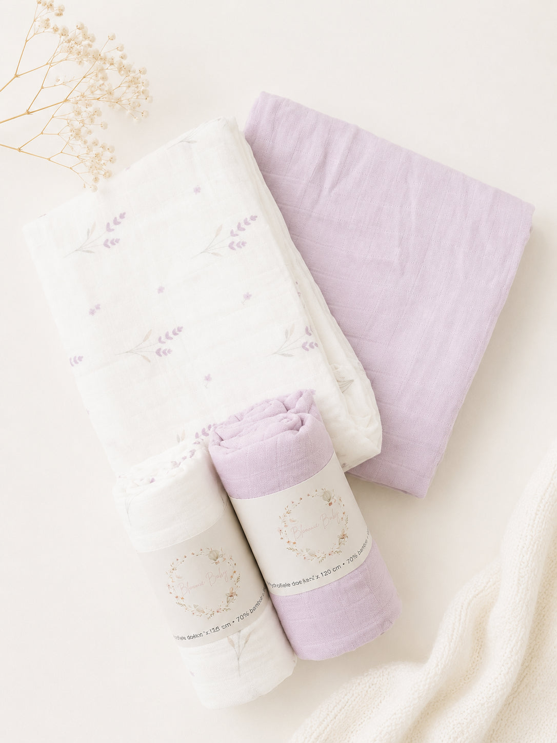 Bundel (set van 2):Hydrofiele Doeken Lavendel XL 120x120 Set van 2 – 70% Bamboe | Kraamcadeau