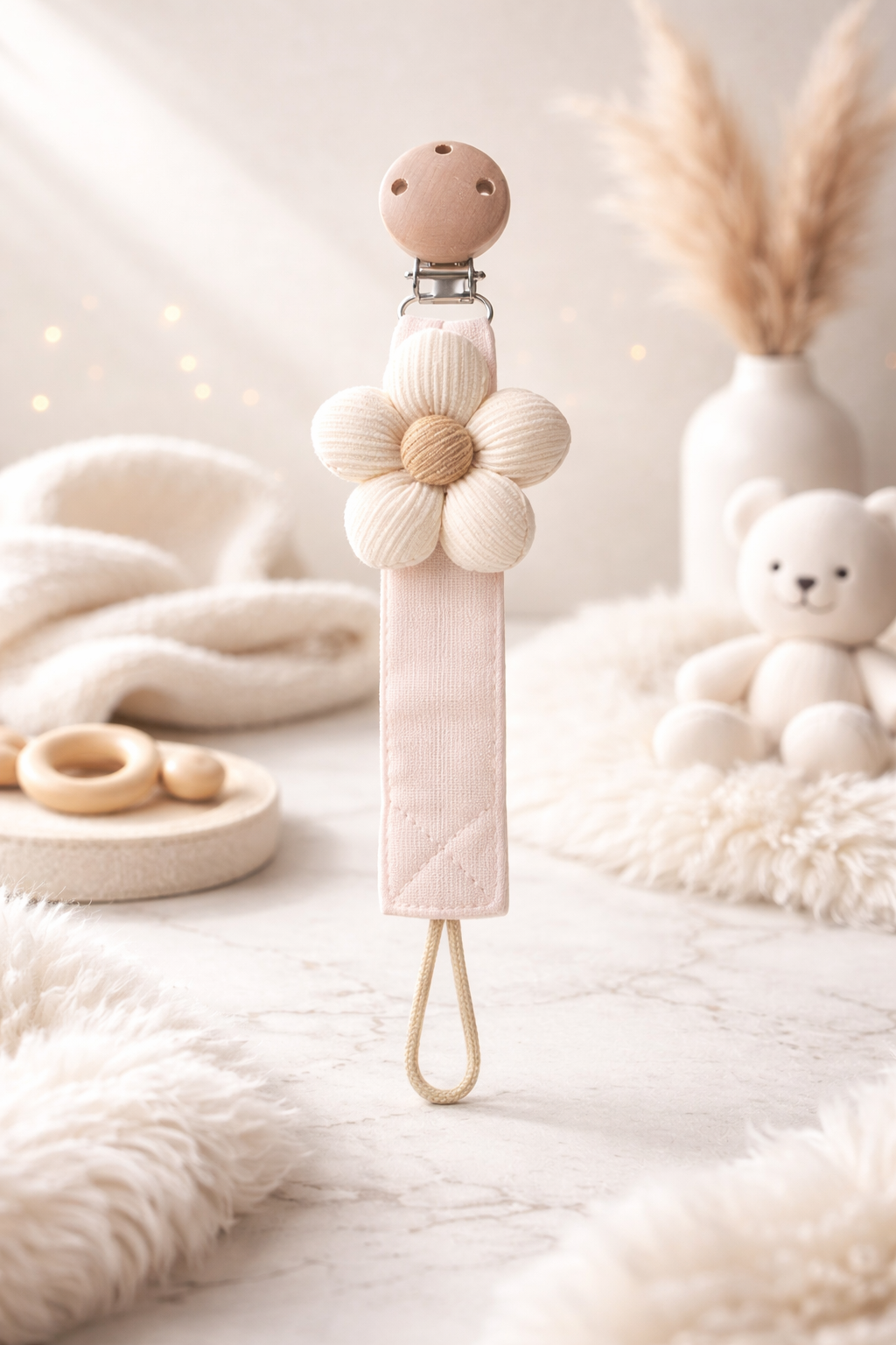 Speenkoord met bloem - beige